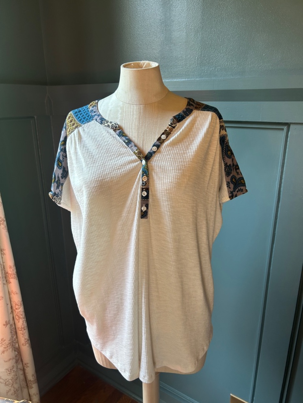 Wishlist brand Women’s Cream Short-Sleeve Henley Top with Patterned Trim